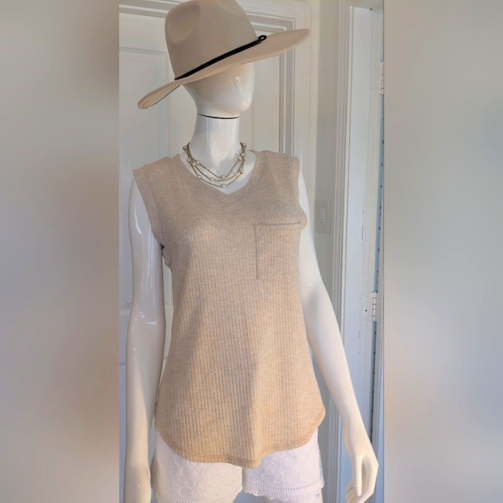 Bombom Sleeveless V Neck Vest Shirt, Super Soft, Size Small, Sand Color